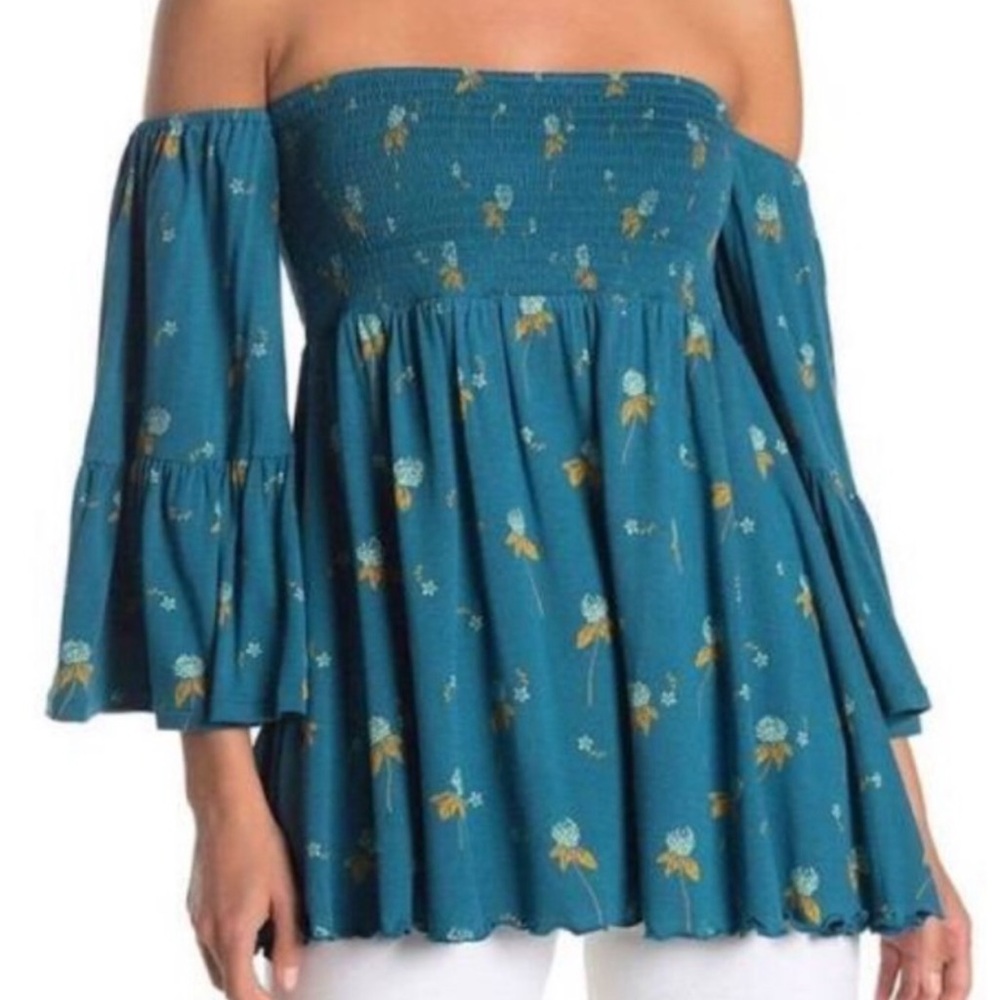 Free People NWOT Lana Woven Bohemian Flowy Floral Off the Shoulder Top Sz Large
